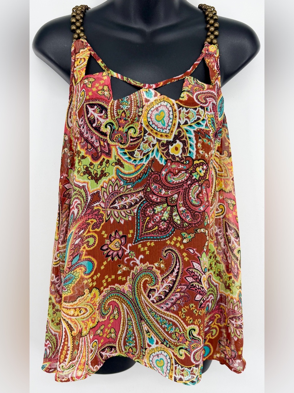 Altar'd State Boho Paisley Beaded-Strap Sheer Blouse Tank Top Large Festival